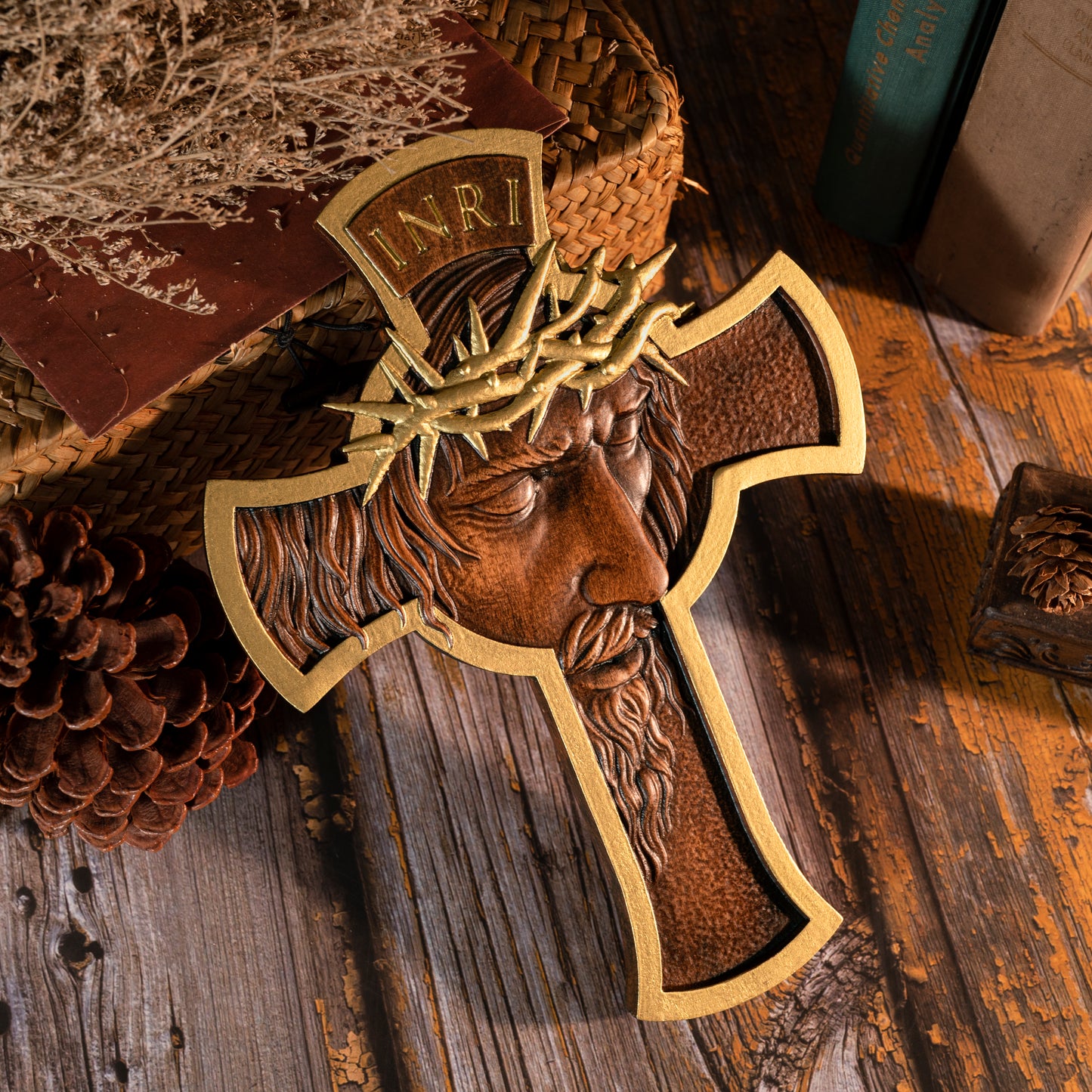 Jesus Holy Crown of Thorns Wood Cross, Christ delivered us from the curse of sin,Religious Sculpture