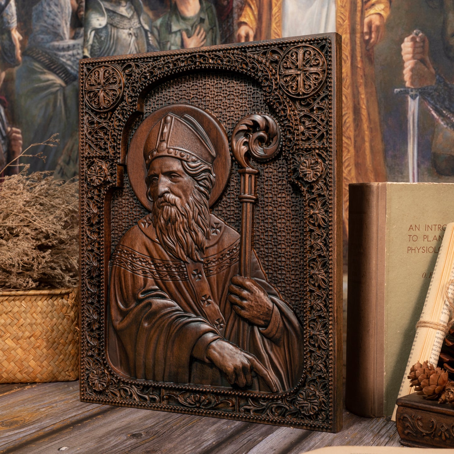 Saint Patrick Wood Carved Icon Religious Gift Wall Hanging Art Work,family wall decoration