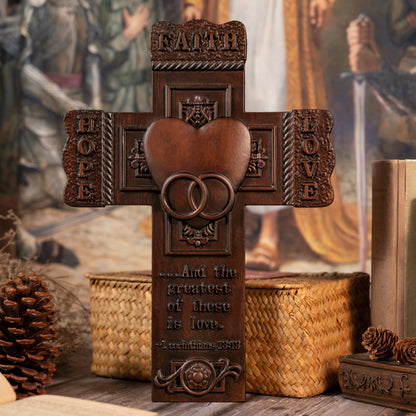 Wood carving statue Wedding Cross for Church,wall hanging art,Faith, Hope and Love Wall Cross with Bible Verse