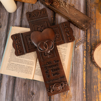 Wood carving statue Wedding Cross for Church,wall hanging art,Faith, Hope and Love Wall Cross with Bible Verse