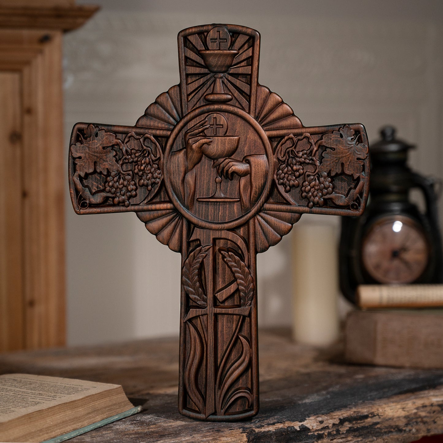 Holy Communion Cross Wall Decor,Hand Carved Wooden Chalice Cross with Grapes and Wheat for Catholic Christian Gifts,Holy Chalic