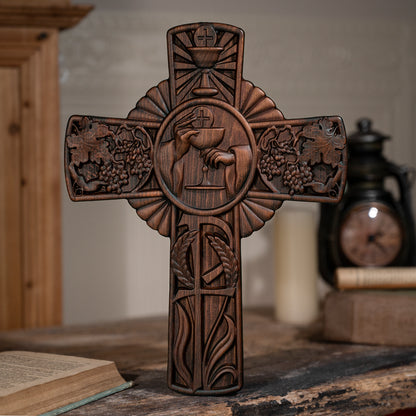 Holy Communion Cross Wall Decor,Hand Carved Wooden Chalice Cross with Grapes and Wheat for Catholic Christian Gifts,Holy Chalic