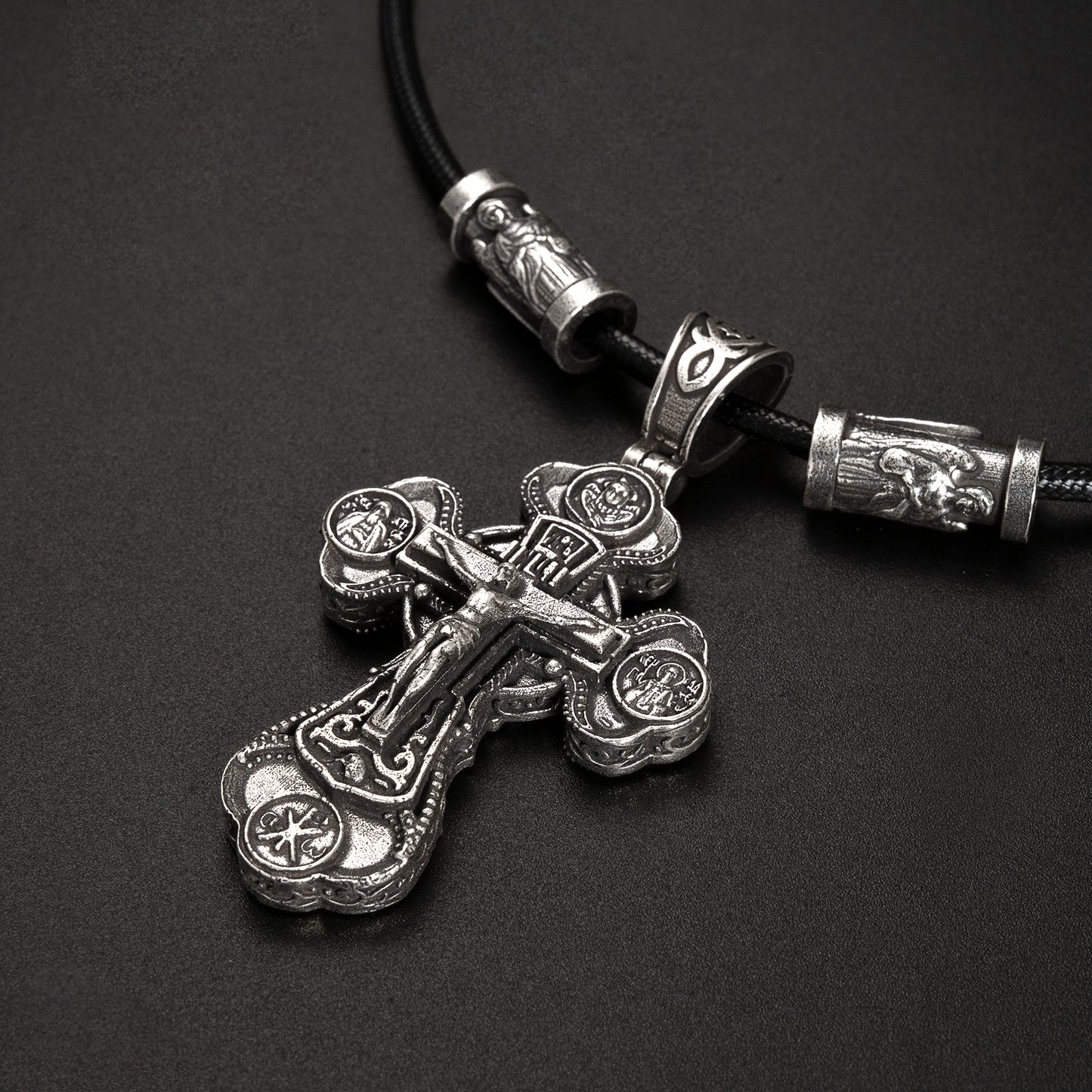 Jesus Virgin Mary Trinity Double Sided Cross Necklace Engraved S925K Silver