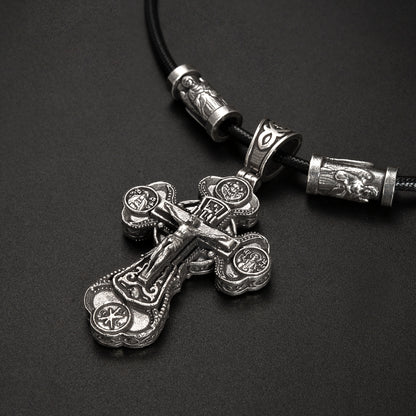 Jesus Virgin Mary Trinity Double Sided Cross Necklace Engraved S925K Silver