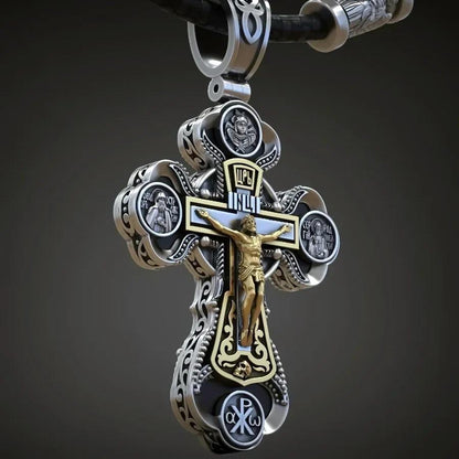 Jesus Virgin Mary Trinity Double Sided Cross Necklace Engraved S925K Silver