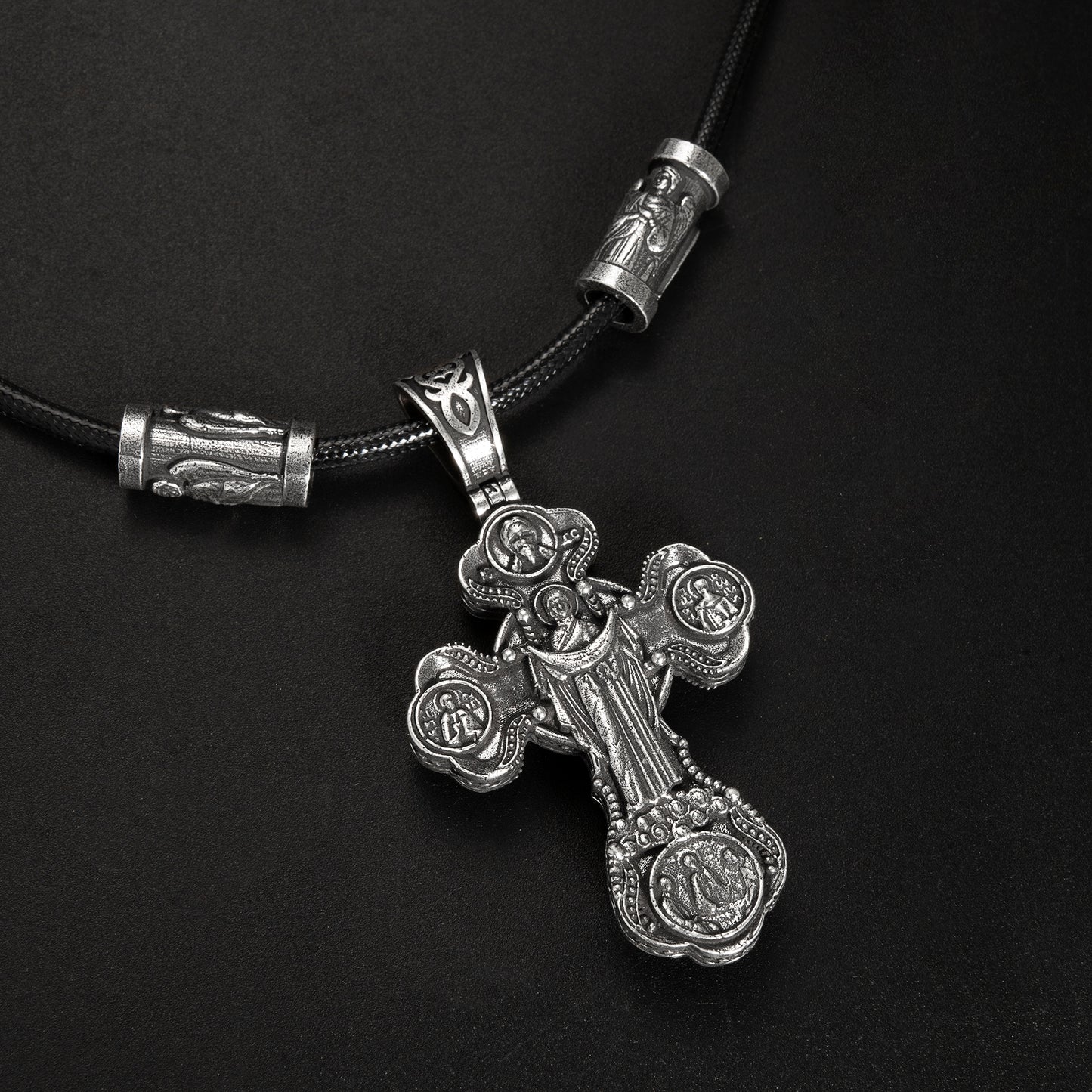 Jesus Virgin Mary Trinity Double Sided Cross Necklace Engraved S925K Silver