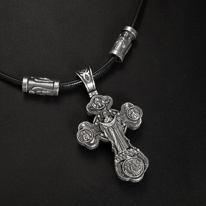 Jesus Virgin Mary Trinity Double Sided Cross Necklace Engraved S925K Silver