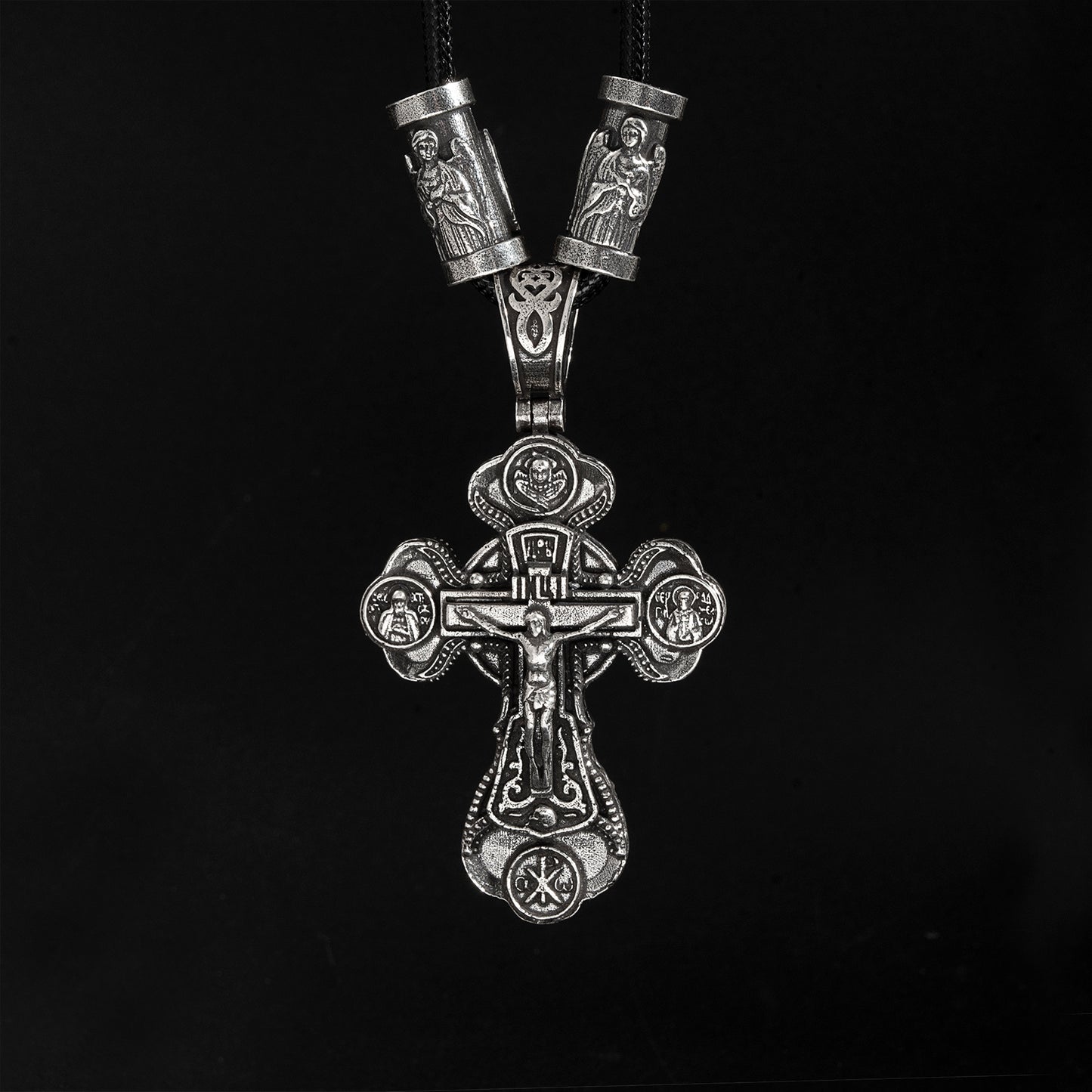 Jesus Virgin Mary Trinity Double Sided Cross Necklace Engraved S925K Silver