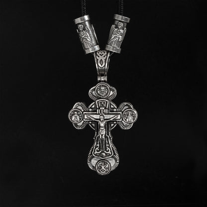 Jesus Virgin Mary Trinity Double Sided Cross Necklace Engraved S925K Silver