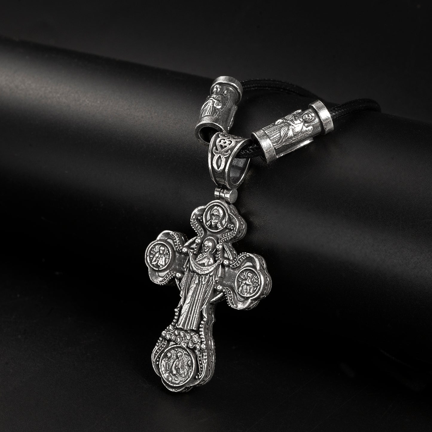 Jesus Virgin Mary Trinity Double Sided Cross Necklace Engraved S925K Silver