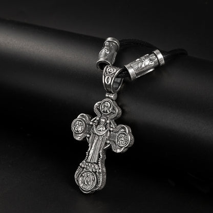 Jesus Virgin Mary Trinity Double Sided Cross Necklace Engraved S925K Silver