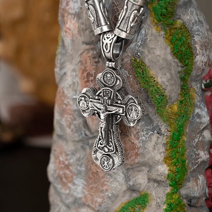 Jesus Virgin Mary Trinity Double Sided Cross Necklace Engraved S925K Silver