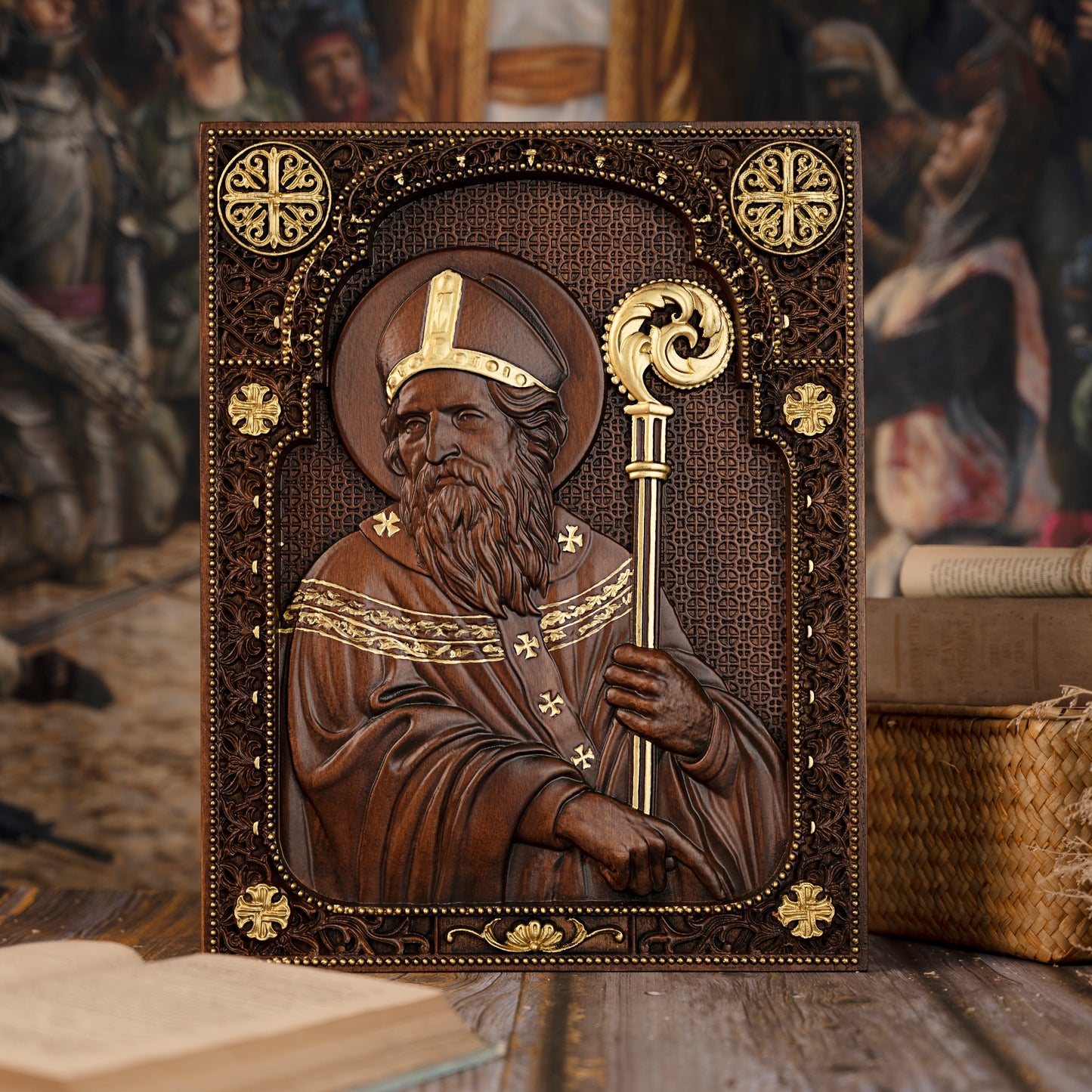 Saint Patrick Wood Carved Icon Religious Gift Wall Hanging Art Work,family wall decoration