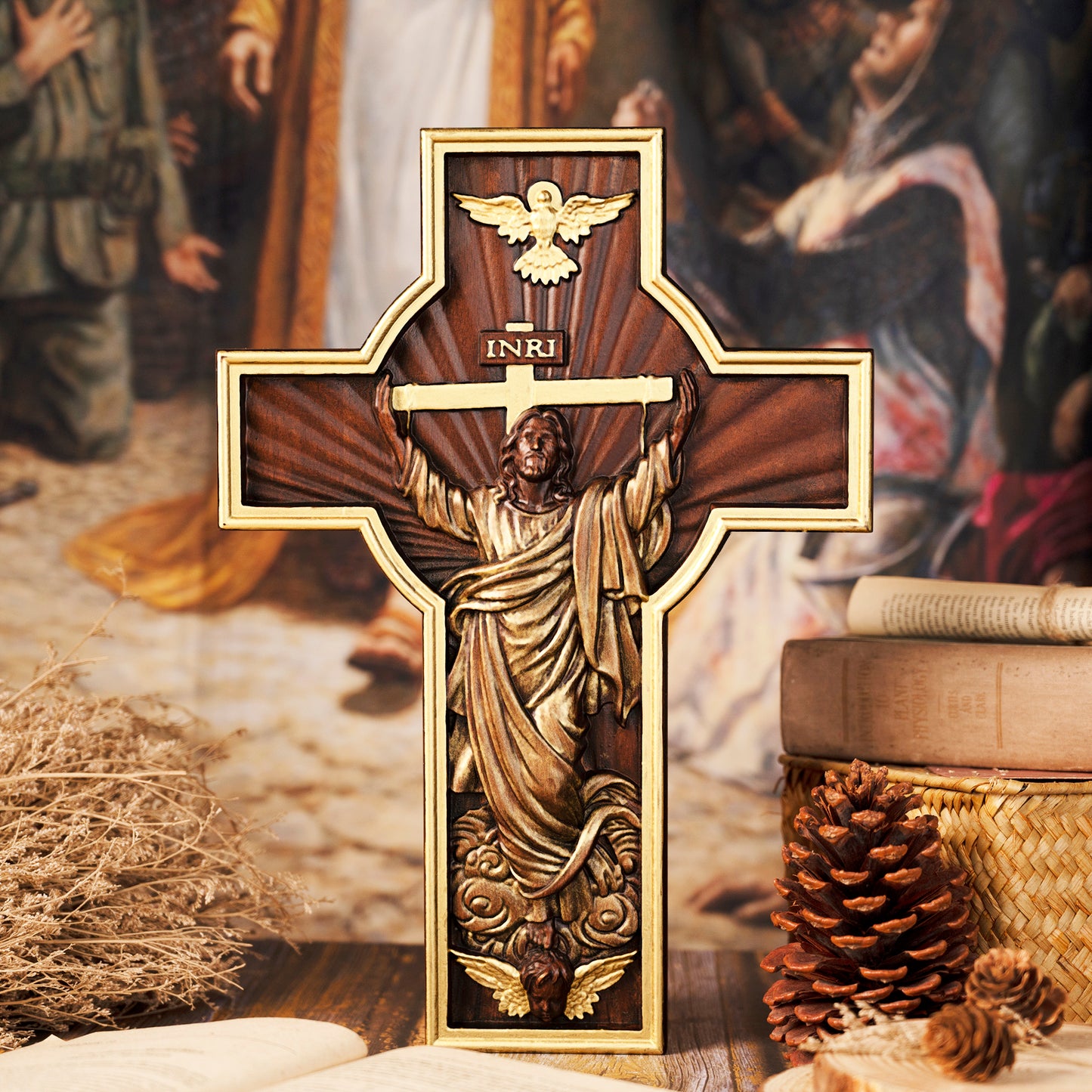 Home decor wooden orthodox cross, cross tabletop ornament, Christian sculpture, nativity figurine