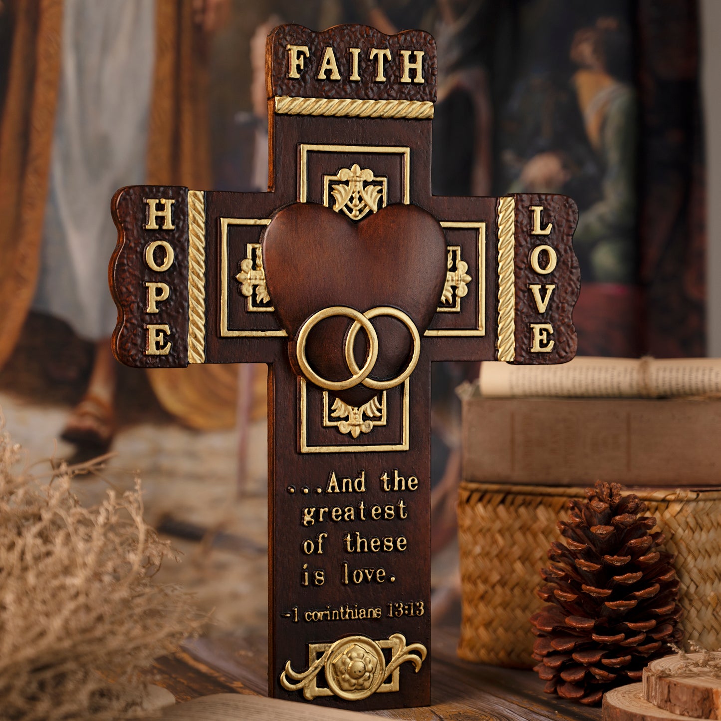 Wood carving statue Wedding Cross for Church,wall hanging art,Faith, Hope and Love Wall Cross with Bible Verse