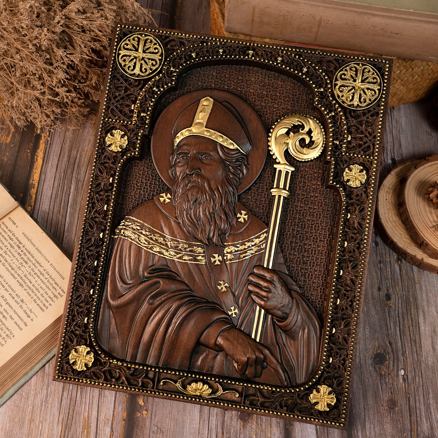 Saint Patrick Wood Carved Icon Religious Gift Wall Hanging Art Work,family wall decoration