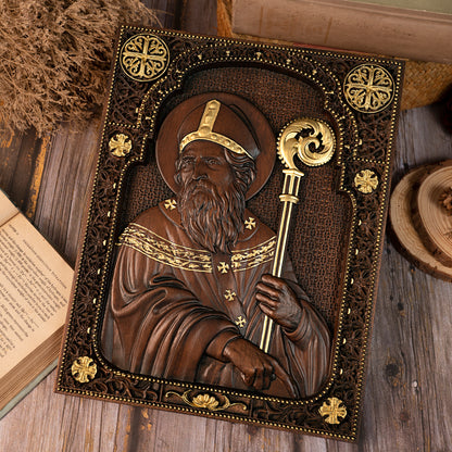 Saint Patrick Wood Carved Icon Religious Gift Wall Hanging Art Work,family wall decoration