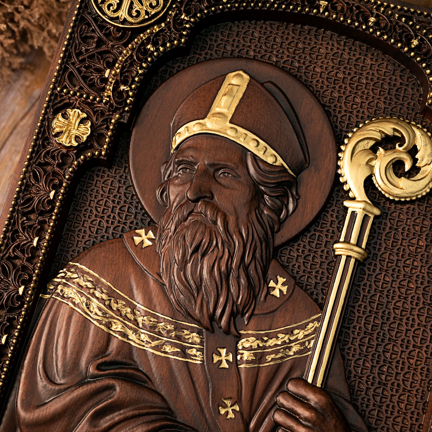 Saint Patrick Wood Carved Icon Religious Gift Wall Hanging Art Work,family wall decoration
