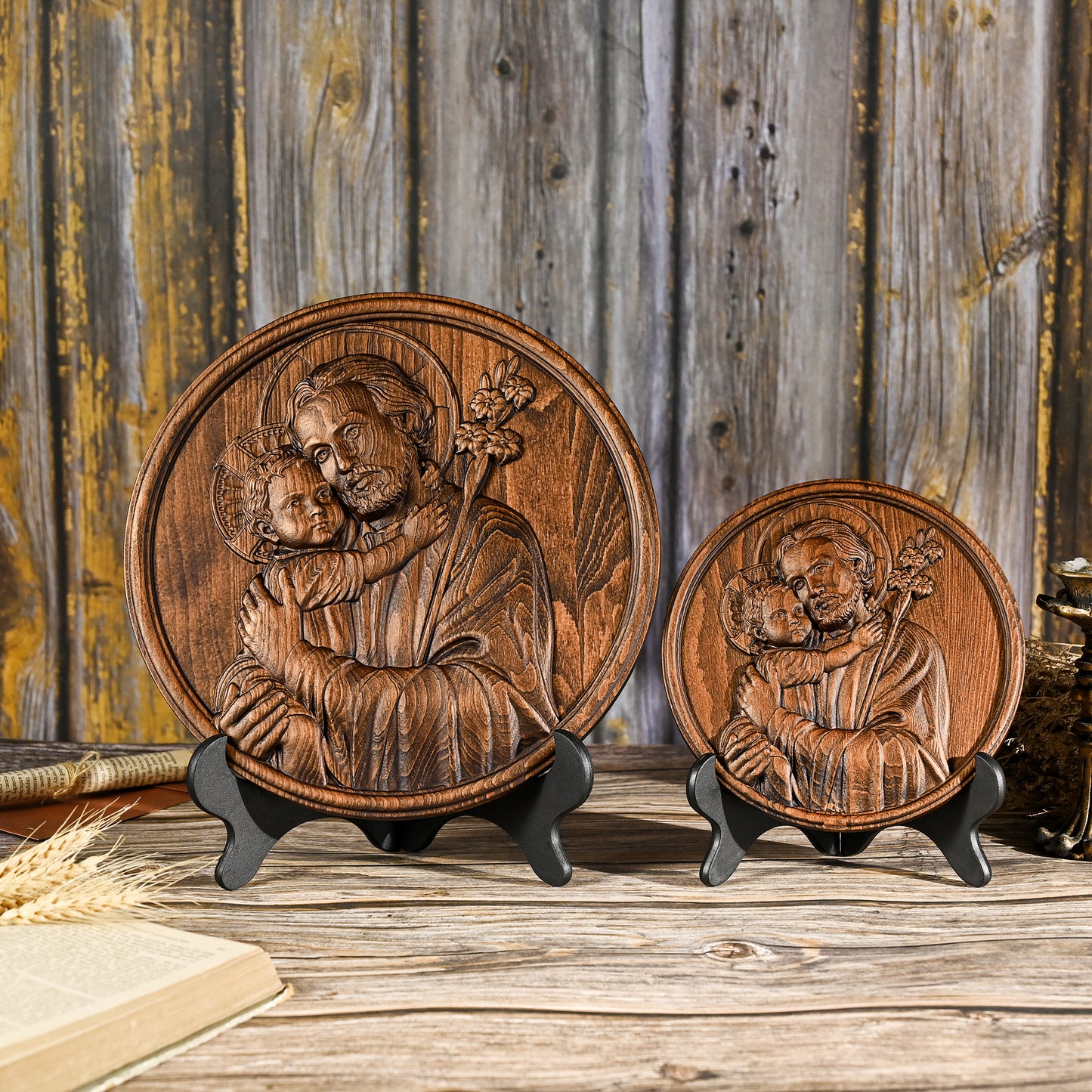 Joseph and Baby Jesus wood carving plaque,Father‘s day gift,religious figure,Holy Statue