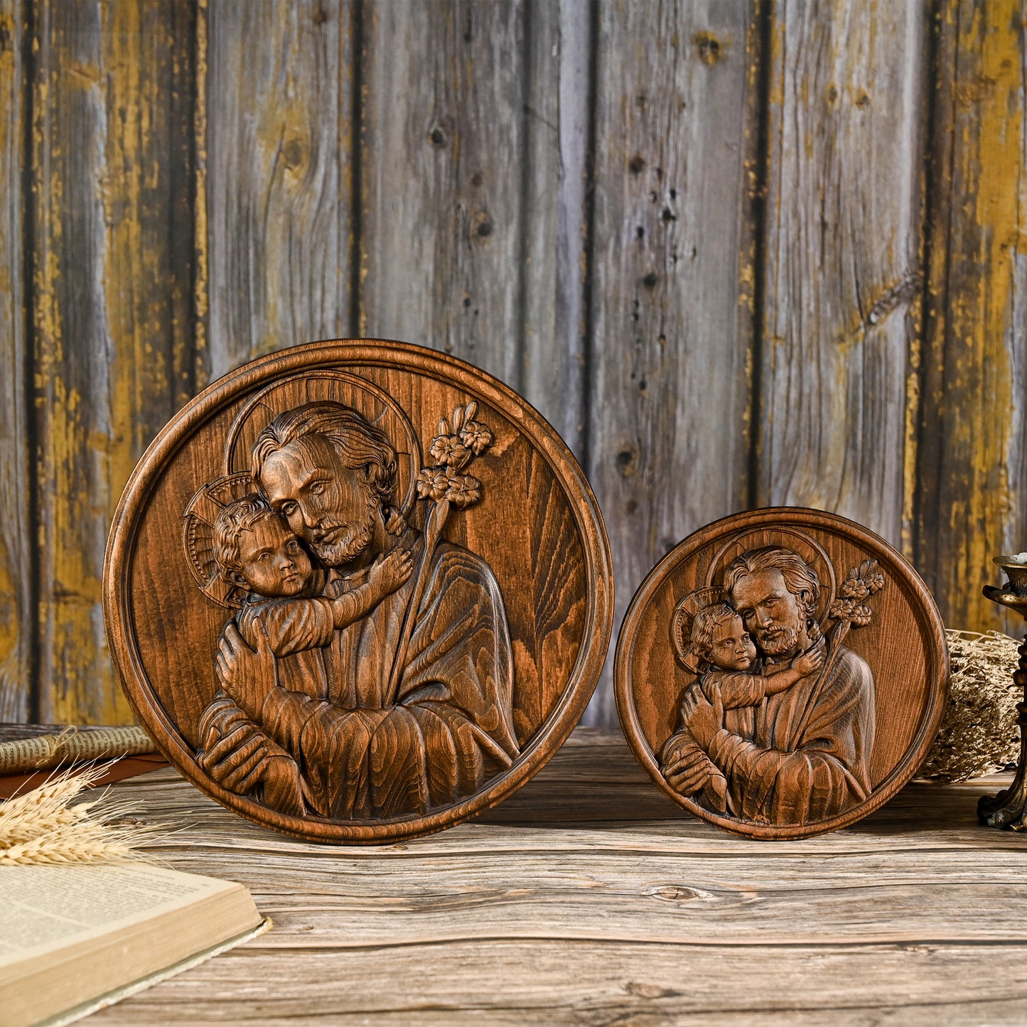Joseph and Baby Jesus wood carving plaque,Father‘s day gift,religious figure,Holy Statue