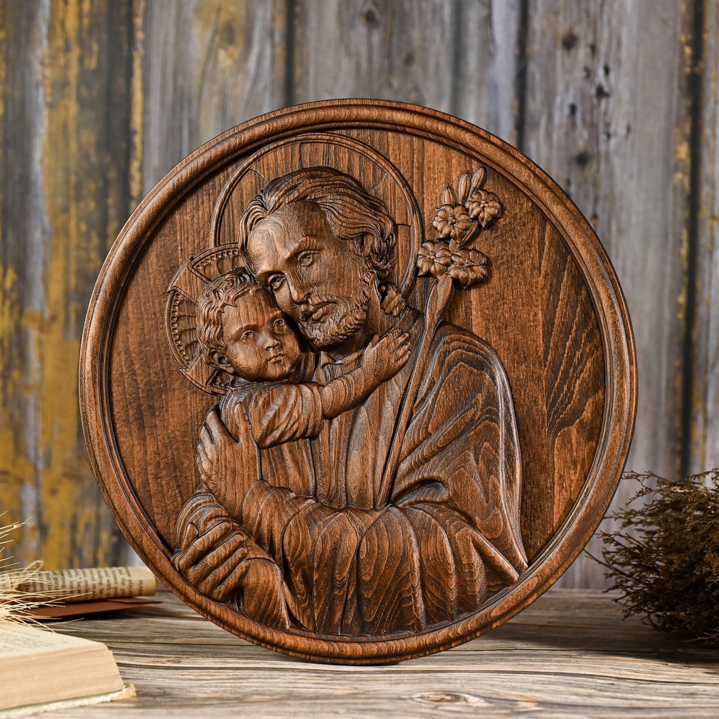 Joseph and Baby Jesus wood carving plaque,Father‘s day gift,religious figure,Holy Statue