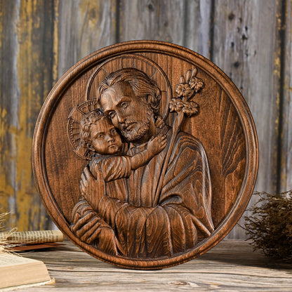 Joseph and Baby Jesus wood carving plaque,Father‘s day gift,religious figure,Holy Statue