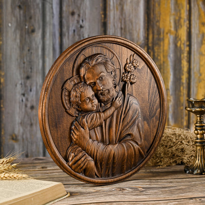 Joseph and Baby Jesus wood carving plaque,Father‘s day gift,religious figure,Holy Statue