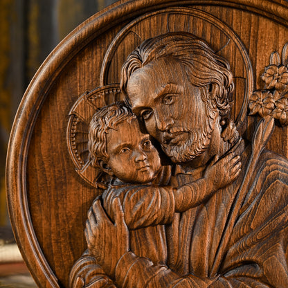 Joseph and Baby Jesus wood carving plaque,Father‘s day gift,religious figure,Holy Statue