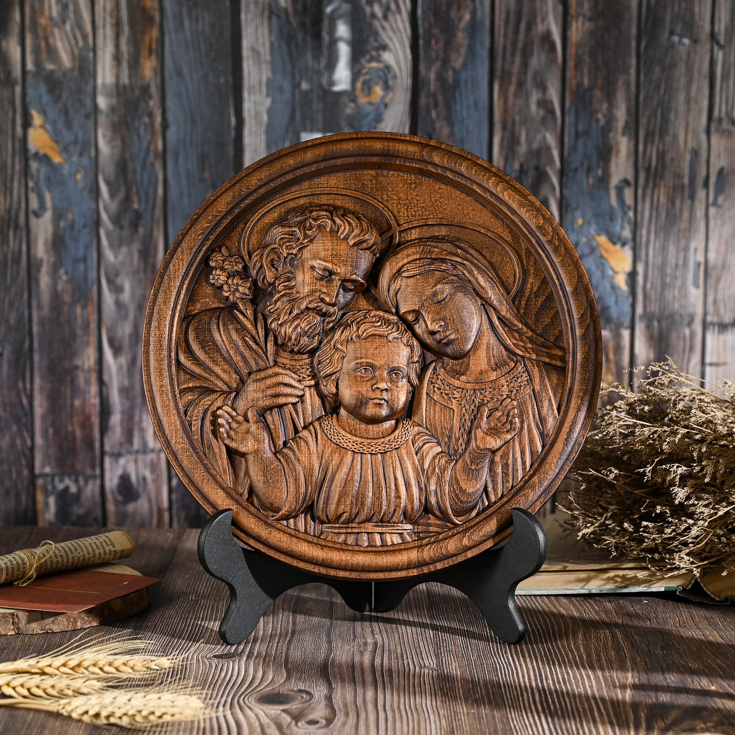 Holy family wood carving plaque,Best wall decor for home,tabletop ornament,catholic religious