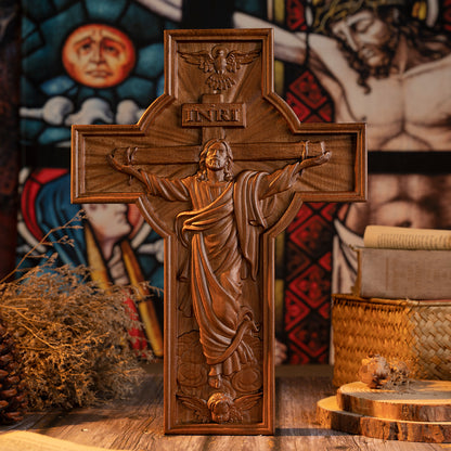 Home decor wooden orthodox cross, cross tabletop ornament, Christian sculpture, nativity figurine