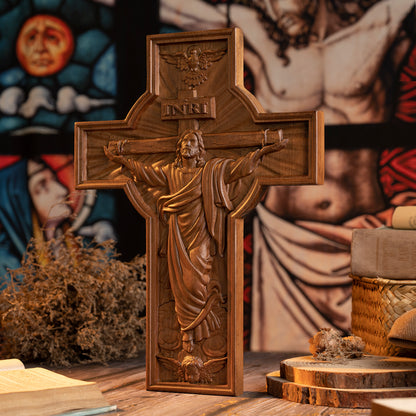 Home decor wooden orthodox cross, cross tabletop ornament, Christian sculpture, nativity figurine