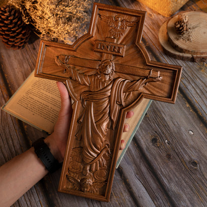 Home decor wooden orthodox cross, cross tabletop ornament, Christian sculpture, nativity figurine