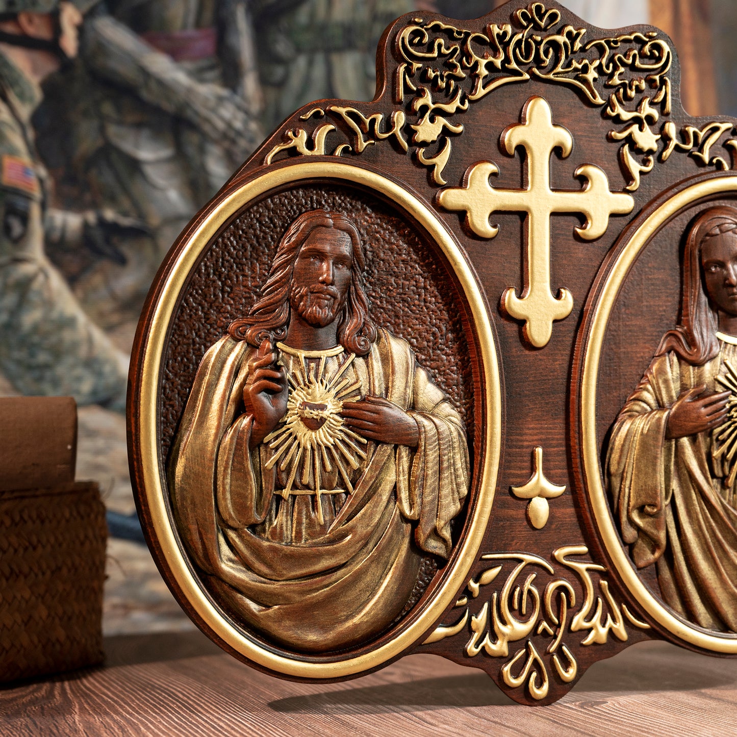 Wood Sacred Heart of Jesus and Heart of Mary Plaque,New Religious Christmas Gift,Holy Family Wooden Cross Wall Decor