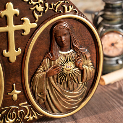 Wood Sacred Heart of Jesus and Heart of Mary Plaque,New Religious Christmas Gift,Holy Family Wooden Cross Wall Decor