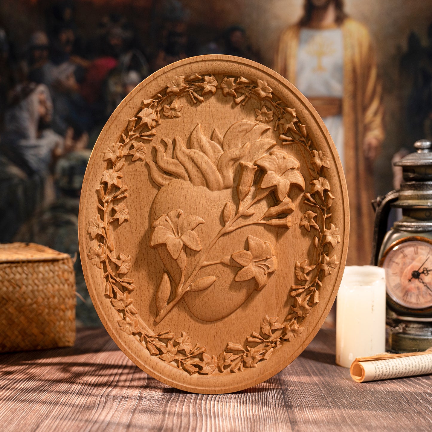 Sacred Family Three Sacred Hearts of Joseph,Wall Decoration Wood Sculpture,Religious Wood carving