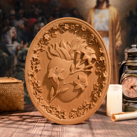 Sacred Family Three Sacred Hearts of Joseph,Wall Decoration Wood Sculpture,Religious Wood carving