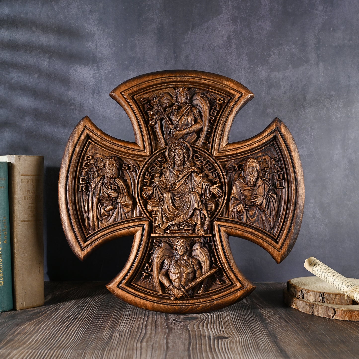 Trinity Jesus and Mary Wood Cross,religious statue benedict s exorcism,solid wood carving,wall hanging