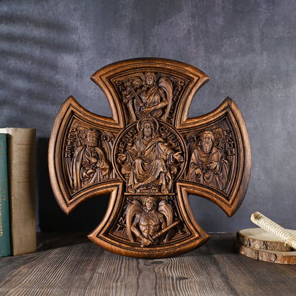 Trinity Jesus and Mary Wood Cross,religious statue benedict s exorcism,solid wood carving,wall hanging