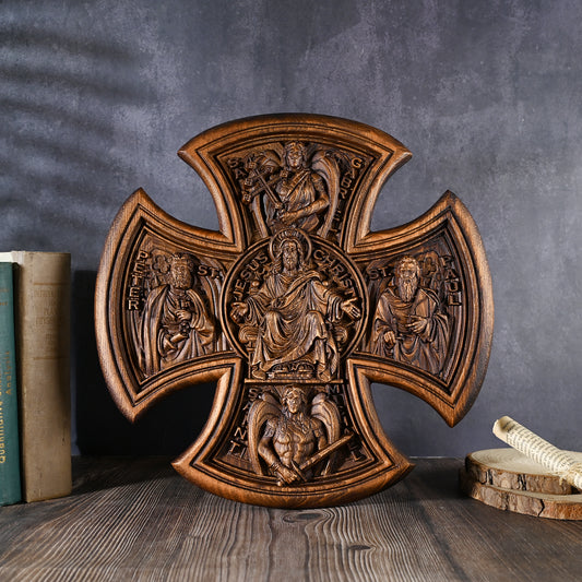 Trinity Jesus and Mary Wood Cross,religious statue benedict s exorcism,solid wood carving,wall hanging
