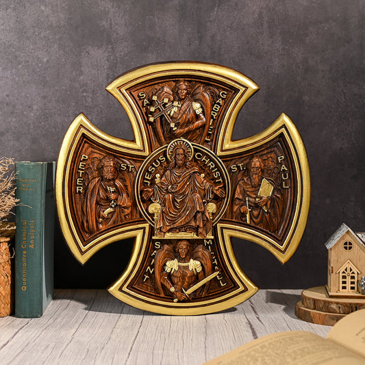 Trinity Jesus and Mary Wood Cross,religious statue benedict s exorcism,solid wood carving,wall hanging