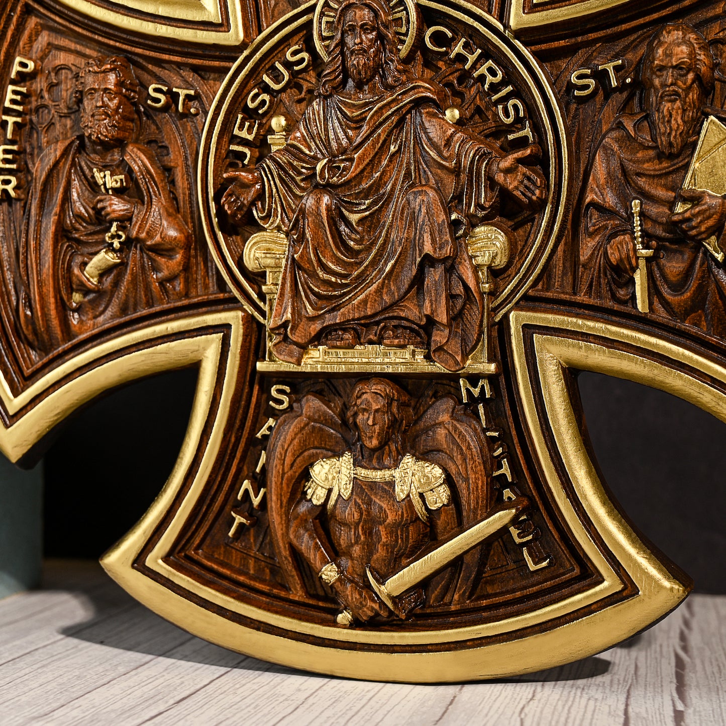 Trinity Jesus and Mary Wood Cross,religious statue benedict s exorcism,solid wood carving,wall hanging