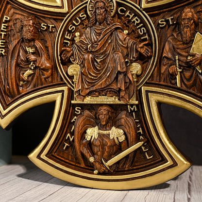Trinity Jesus and Mary Wood Cross,religious statue benedict s exorcism,solid wood carving,wall hanging