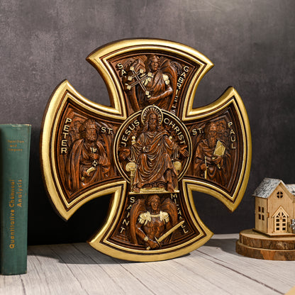 Trinity Jesus and Mary Wood Cross,religious statue benedict s exorcism,solid wood carving,wall hanging