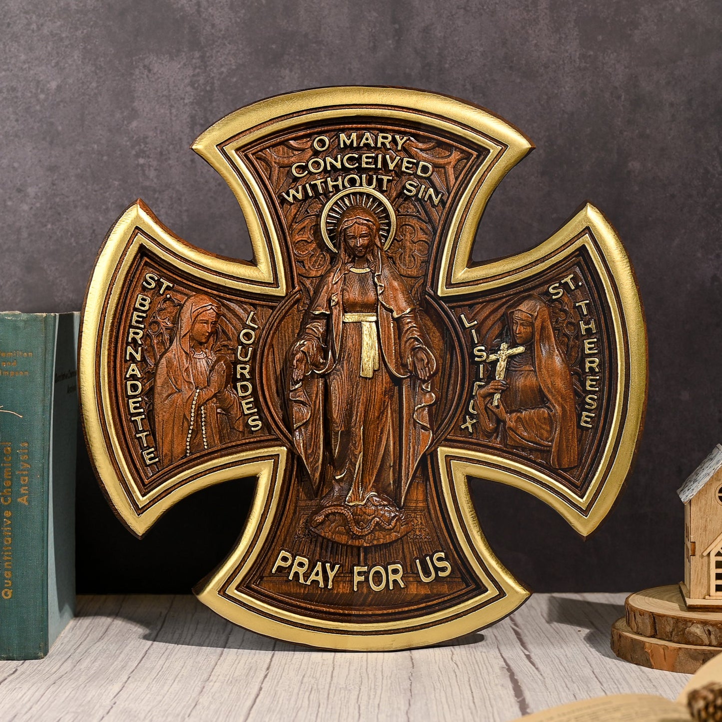 Mary Wood Cross,Our Lady Mary-themed Beech Cross,Bringing Sacred Warmth,catholic religious