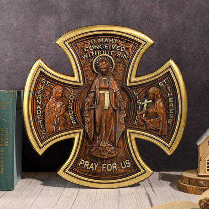 Mary Wood Cross,Our Lady Mary-themed Beech Cross,Bringing Sacred Warmth,catholic religious