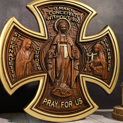 Mary Wood Cross,Our Lady Mary-themed Beech Cross,Bringing Sacred Warmth,catholic religious