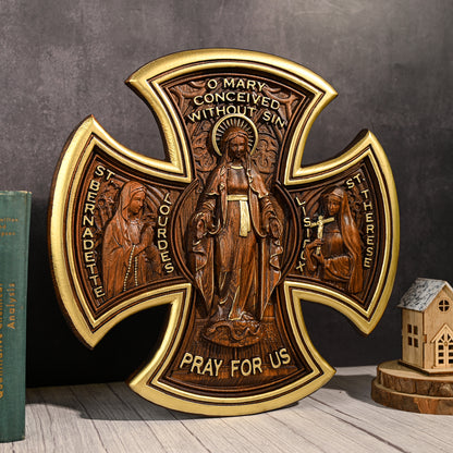 Mary Wood Cross,Our Lady Mary-themed Beech Cross,Bringing Sacred Warmth,catholic religious