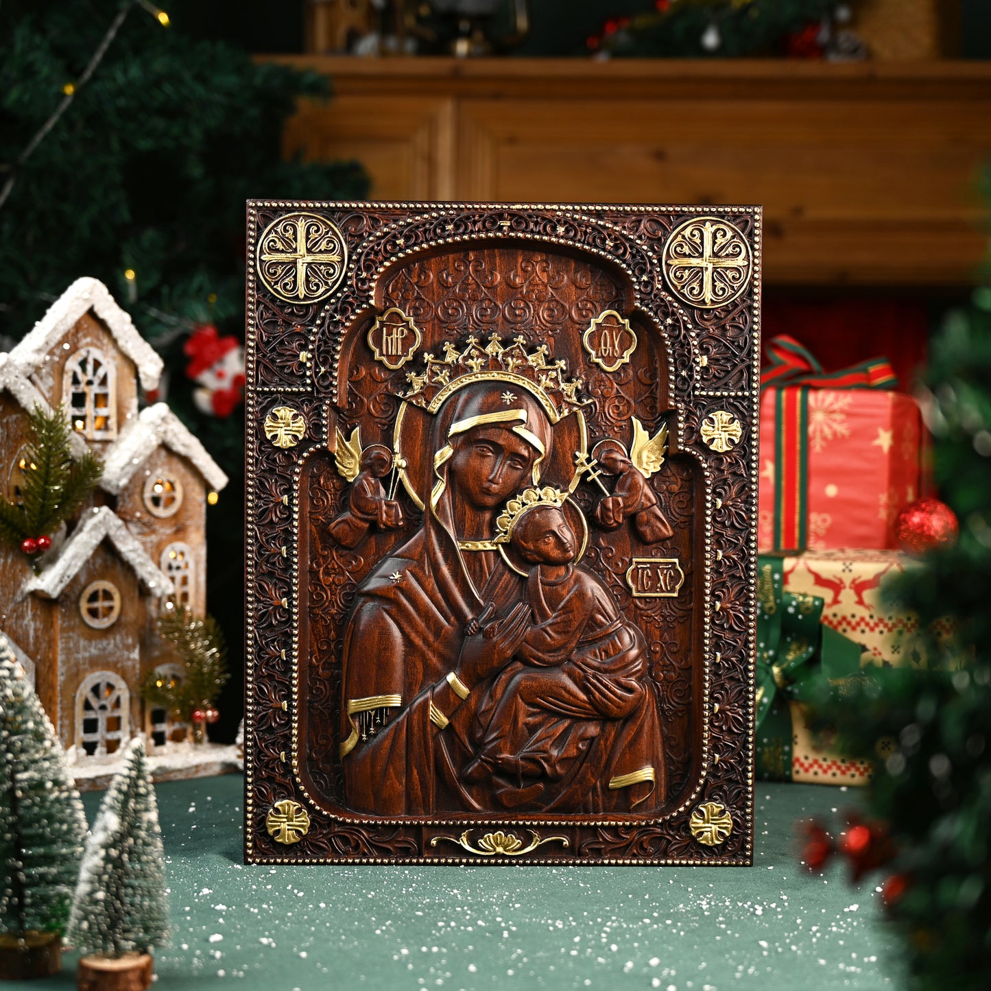 Wood carving statue,Our Lady of Perpetual Help Wood Carving Wall Decor Gift,Blessed Virgin Mary