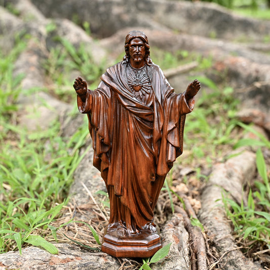 Boxwood wood carving, Sacred Heart prayer,religious catholic saint image, Christian altar decoration