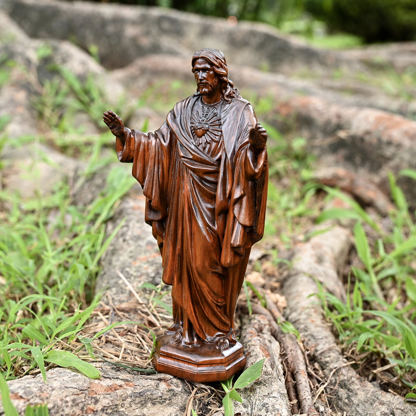 Boxwood wood carving, Sacred Heart prayer,religious catholic saint image, Christian altar decoration
